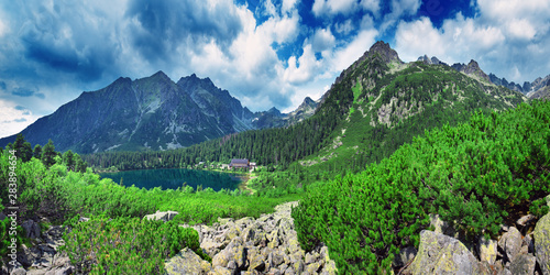 Fototapeta Naklejka Na Ścianę i Meble -  Poprad lake( Popradske pleso) famous and very popular destination in High Tatras national park, Slovakia