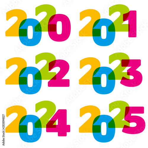 Années allant de 2020 à 2025. Les chiffres de différentes couleurs sont superposés avec des effets de transparences