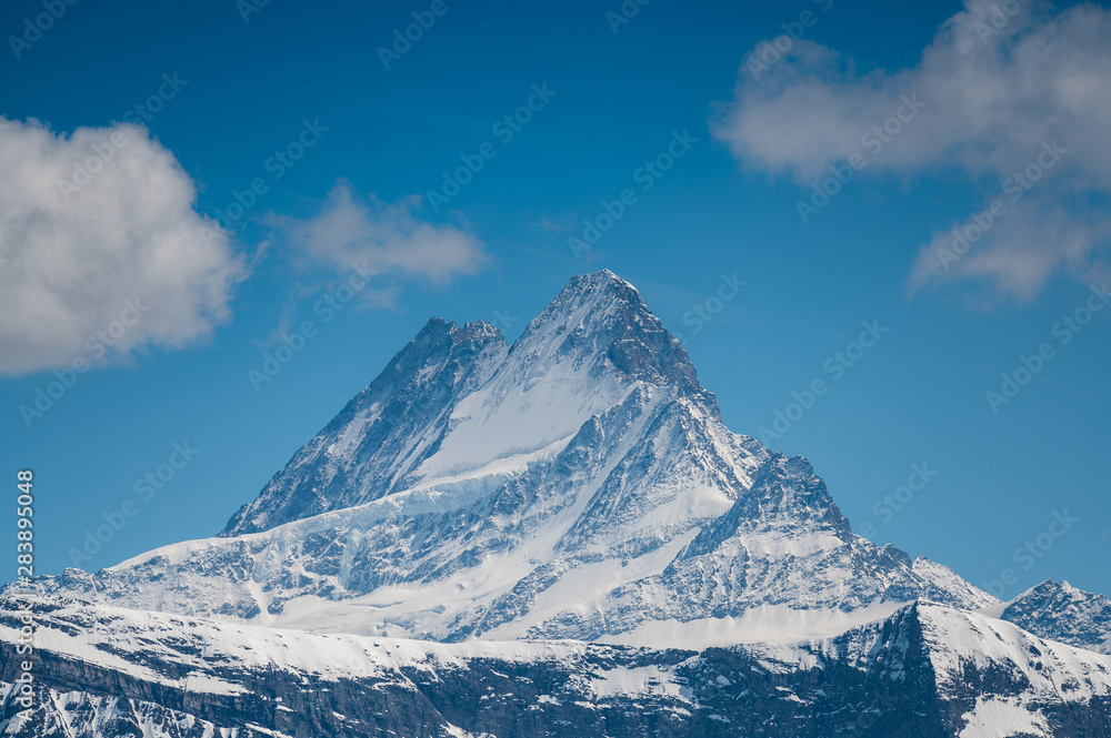 peak of Schreckhorn on a beautiful day with some clouds peak of Schreckhorn on a beautiful day with some clouds