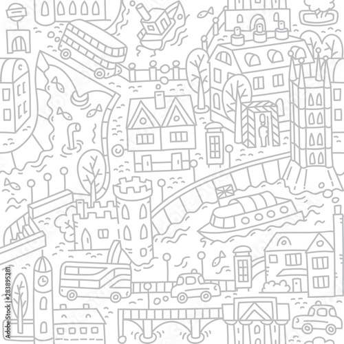 London. City seamless pattern Roads, houses, river