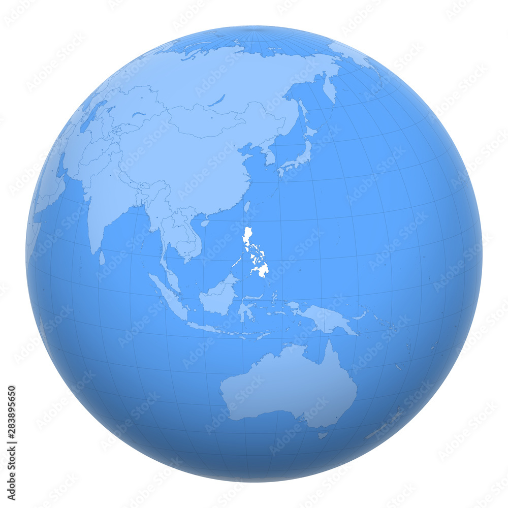 Philippines on the globe. Earth centered at the location of the Republic of the Philippines. Map