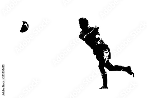 Rugby player passing ball, ink drawing. Abstract isolated silhouette