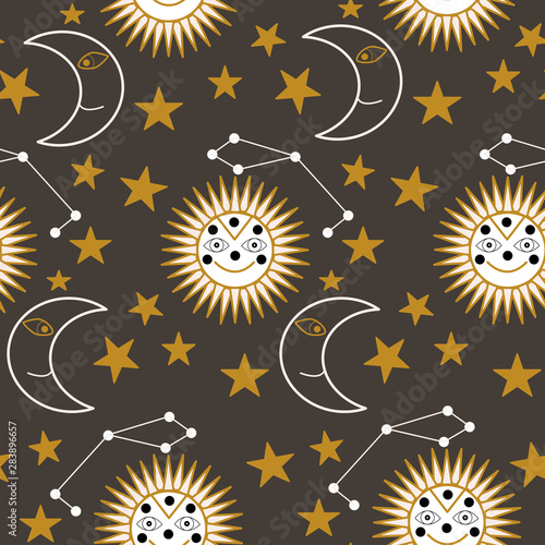 Sun, moon and celestial elements on a dark background, seamless pattern design
