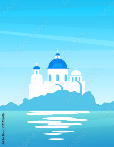 Vector nature landscape of Greek with view on the coast. Church with blue domes on a sunny day