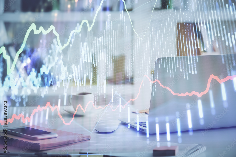 Stock market graph on background with desk and personal computer. Multi exposure. Concept of financial analysis. Stock market graph on background with desk and personal computer. Multi exposure. Concept of financial analysis.