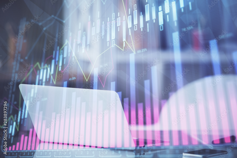 Forex Chart hologram on table with computer background. Multi exposure. Concept of financial markets. Forex Chart hologram on table with computer background. Multi exposure. Concept of financial markets.