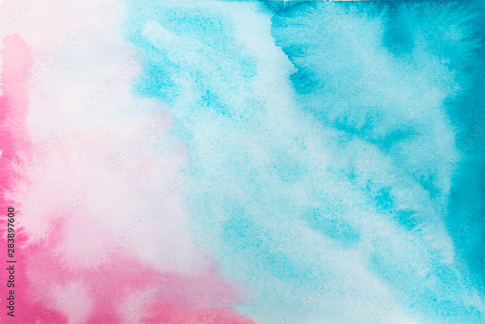 Hand drawn watercolor gradient on paper art abstract blue and pink background illustration
