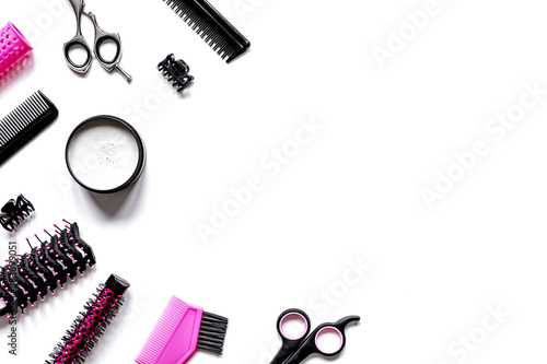 Fototapeta Naklejka Na Ścianę i Meble -  Tools for hair styling on white background top view