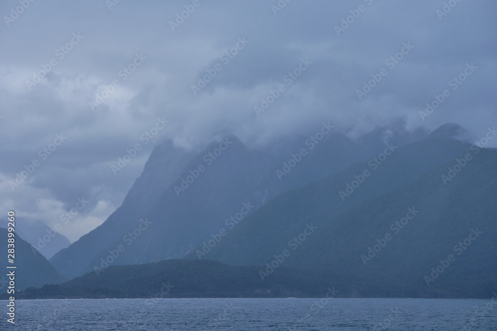 Cloudy and rainy morning in Fjordland, New Zealand Cloudy and rainy morning in Fjordland, New Zealand