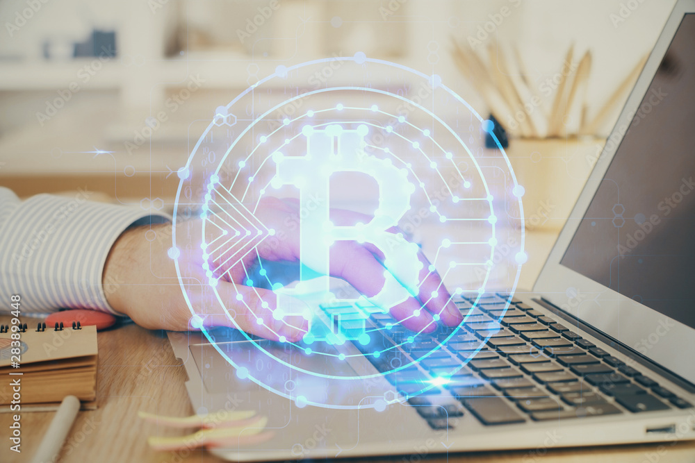 Blockchain theme hud with businessman working on computer on background. Concept of crypto chain. Double exposure. Blockchain theme hud with businessman working on computer on background. Concept of crypto chain. Double exposure.