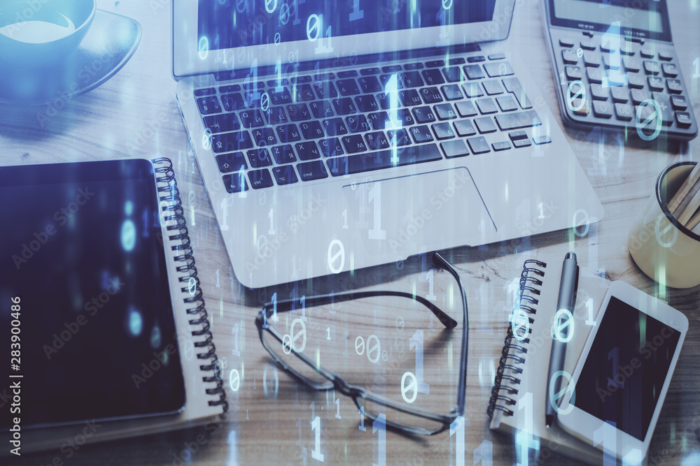 Double exposure of table with computer on background and data theme drawing. Concept of innovation. Double exposure of table with computer on background and data theme drawing. Concept of innovation.