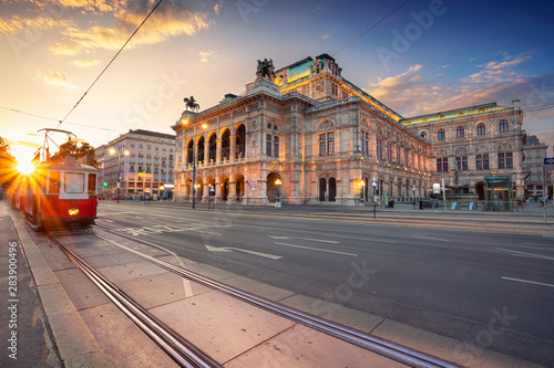 Vienna, Austria. Cityscape image of Vienna with the Vienna State Opera during sunset.	