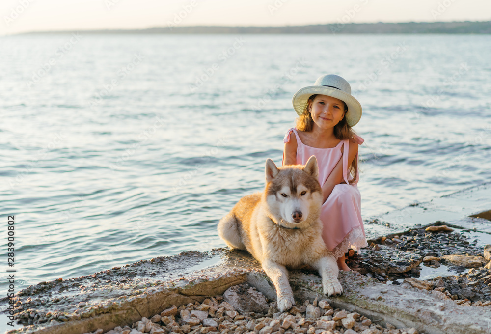 Little beautiful girl in pink dress and hat are playing with siberian husky dog near the sea. young girl are walking on the coast, at the sunset time. Little beautiful girl in pink dress and hat are playing with siberian husky dog near the sea. young girl are walking on the coast, at the sunset time.
