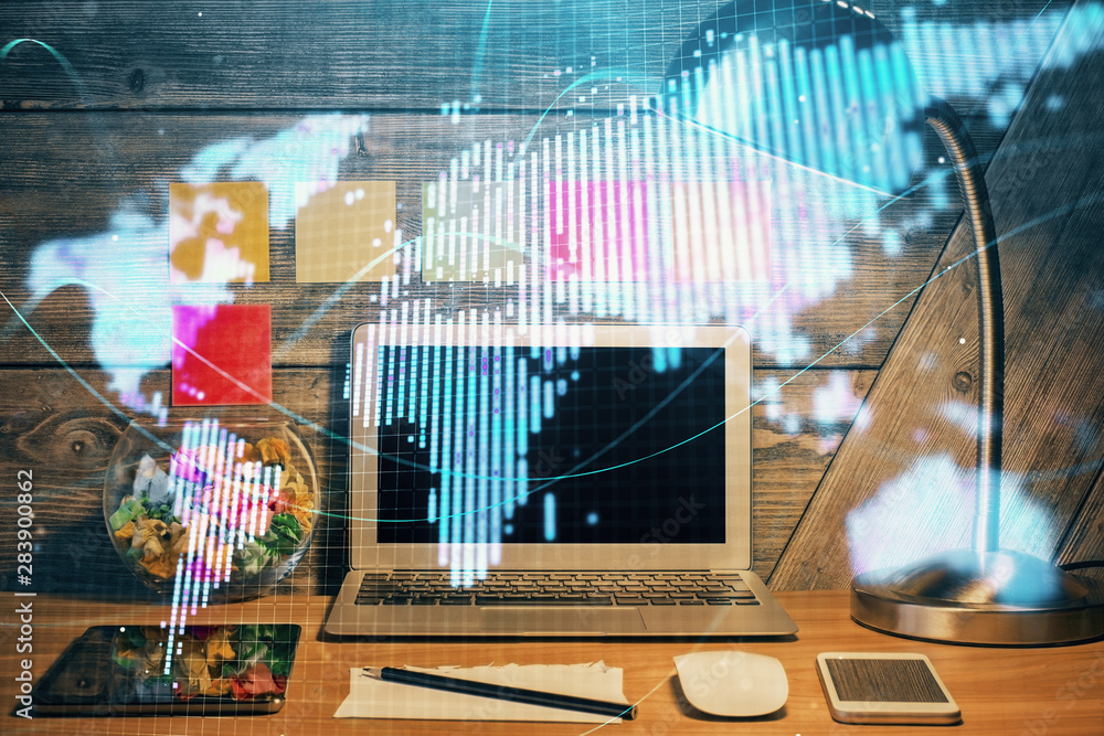 Double exposure of business theme icons and work space with computer background. Concept of success. Double exposure of business theme icons and work space with computer background. Concept of success.