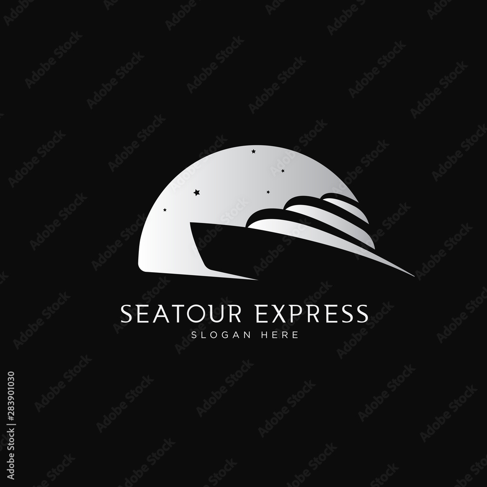 Silver silhouette yacht with night sky backdrop logo template 