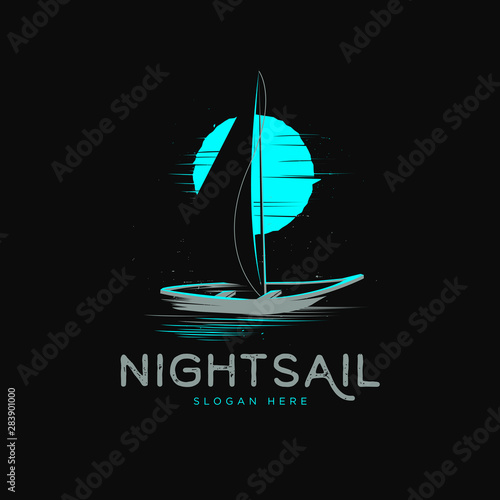 vintage rustic moon sail boat at night logo template