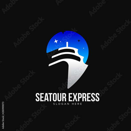 Elegant cruise ship with blue night sky backdrop logo template