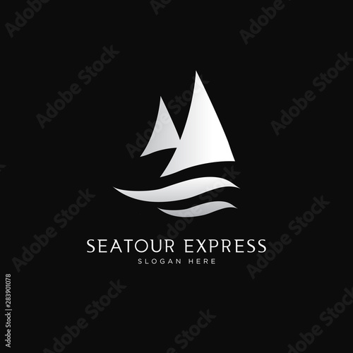 Elegant minimal silver sail boat and wave logo template