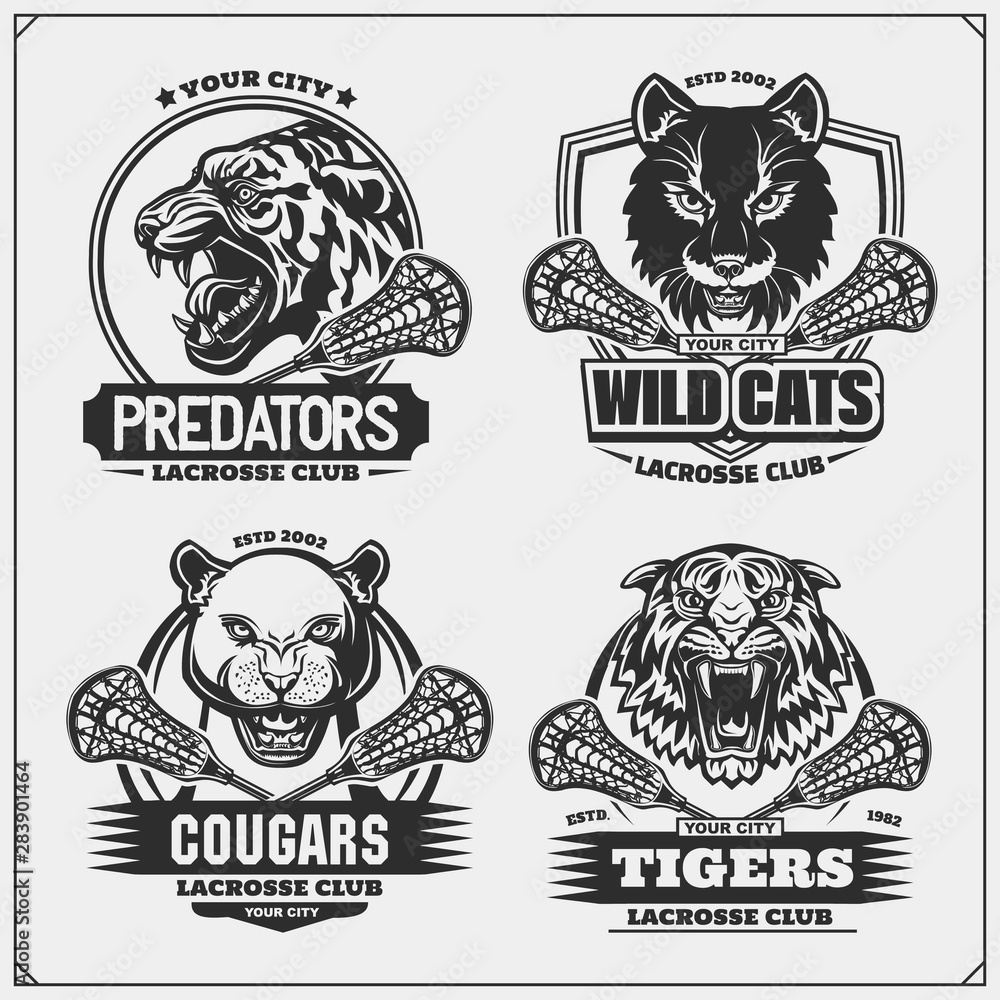 Fototapeta premium Set of lacrosse emblems, badges, logos and labels with tiger, cougars and wildcat. Print design for t-shirt.