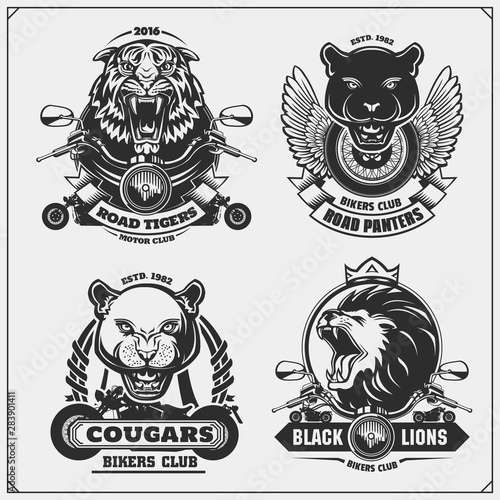 Collection of retro motorcycle labels, badges and design elements. Motor and biker club emblems with panter, puma, lion and tiger. Print design for t-shirt.
