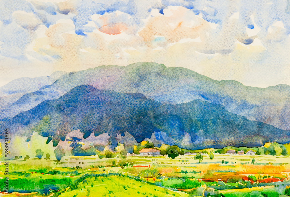 Watercolor landscape painting colorful of mountain with cornfield.