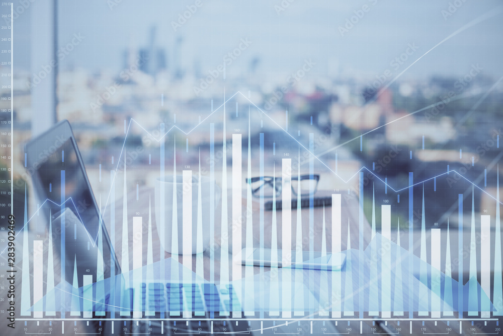 Stock market graph on background with desk and personal computer. Double exposure. Concept of financial analysis. Stock market graph on background with desk and personal computer. Double exposure. Concept of financial analysis.