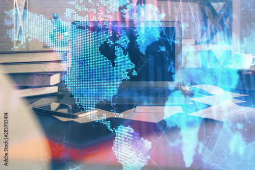 Stock market graph and table with computer background. Multi exposure. Concept of financial analysis.