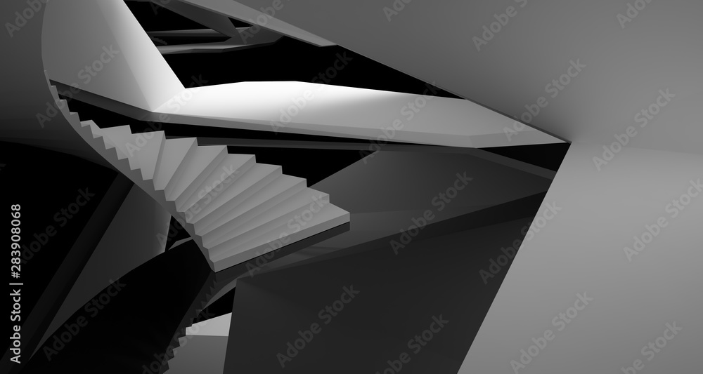 Abstract architectural white and black gloss interior of a minimalist house with large windows.. 3D illustration and rendering. Abstract architectural white and black gloss interior of a minimalist house with large windows.. 3D illustration and rendering.