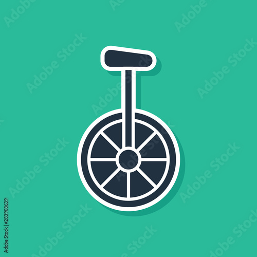 Blue Unicycle or one wheel bicycle icon isolated on green background. Monowheel bicycle. Vector Illustration