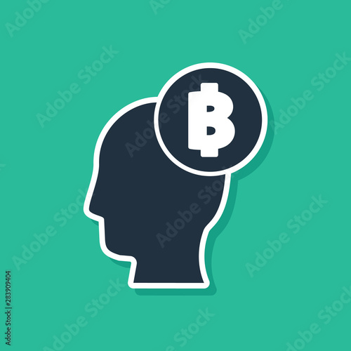 Blue Bitcoin think icon isolated on green background. Cryptocurrency head. Blockchain technology, digital money market, cryptocoin wallet. Vector Illustration
