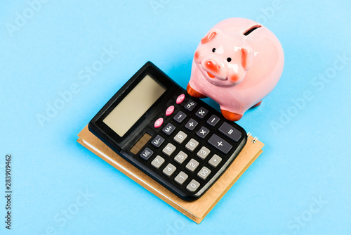 bookkeeping. financial report. planning counting budget. Commerece business. moneybox with calculator. Piggy bank. money saving. Accounting and payroll. capital management. Very poor photo