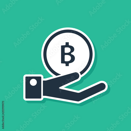 Blue Hand holding Bitcoin icon isolated on green background. Blockchain technology, digital money market, cryptocoin wallet. Vector Illustration