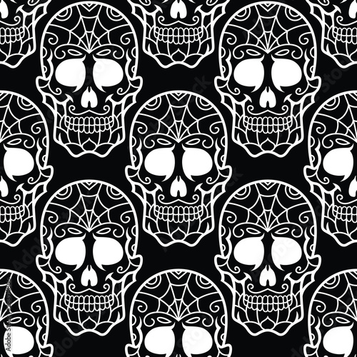 Black and White Sugar Skull Halloween Seamless Pattern