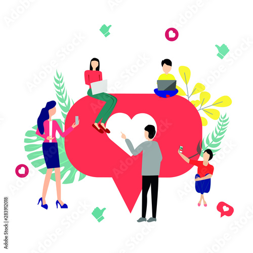 People on the internet are sharing. Communication via the Internet and social networks, news, messages, chats, search for friends, videos. Bright Vector Illustration