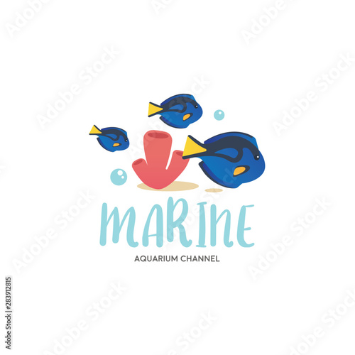 Cute reef school of blue tang fish logo illustration vector