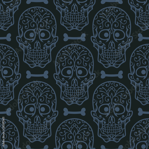 Gray Sugar Skull Halloween Seamless Pattern