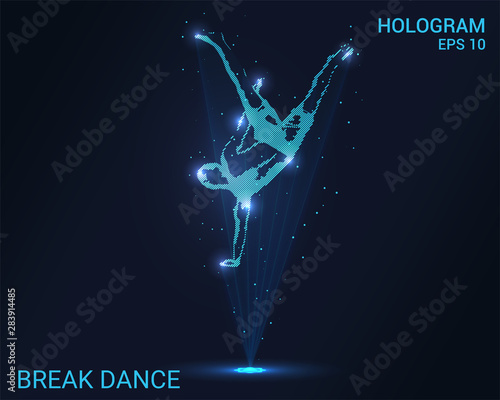 Hologram dance. Holographic projection break dance. Flickering energy flux of particles. The scientific design of entertainment.