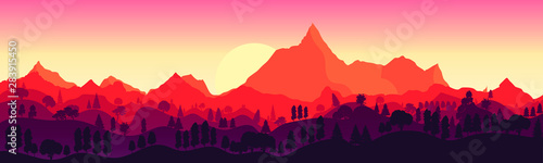 landscape with high mountains and forest in several layers in evening in warm tone. Vector illustration.  Flat design. The sun sets over the mountains.