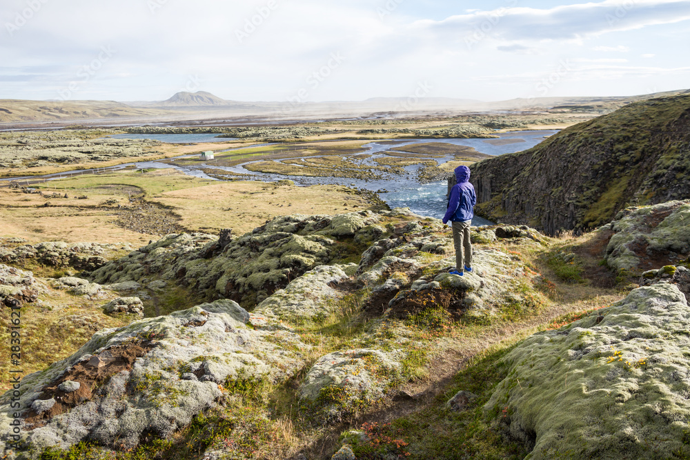 young woman looking at majestic icelandic landscape