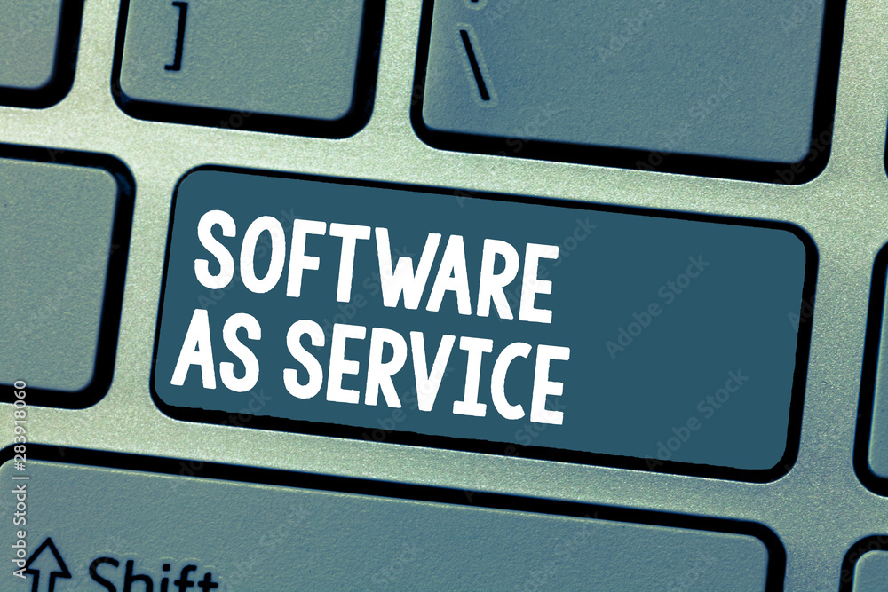 Fototapeta premium Text sign showing Software As Service. Conceptual photo On Demand licensed on Subscription and centrally hosted.