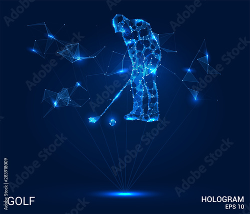 A hologram of Golf. Golfer of polygons, triangles of points and lines. Golf is a low poly connection structure. Technology concept.