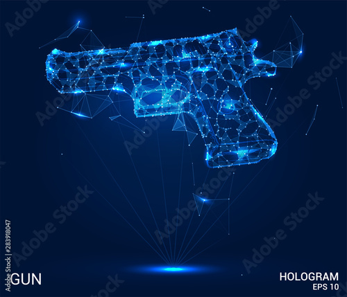 Hologram gun. Pistol of polygons, triangles of points and lines. Weapons lowpoly connection structure. Technology concept.