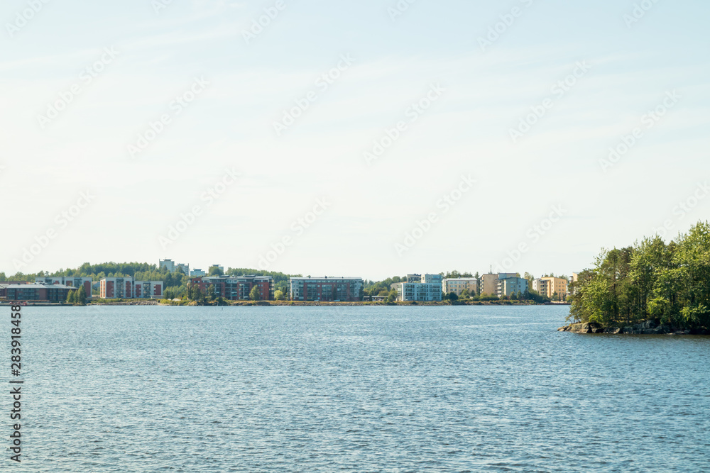 Lappeenranta, Finland - August 7, 2019: A view of the houses in the harbor of lake Saimaa