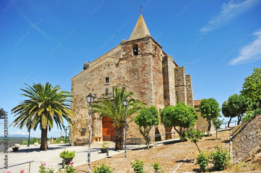 Church of St Andrew (San Andrés) in Aljucen village near Merida in Way of Santiago (Via de la Plata) at the province of Badajoz Extremadura Spain
