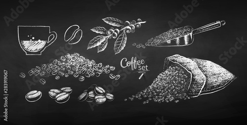 Chalk drawn set of illustrations of coffee beans