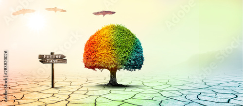 Bunter Baum mit Schild "Future" und "Past" in einer Landschaft