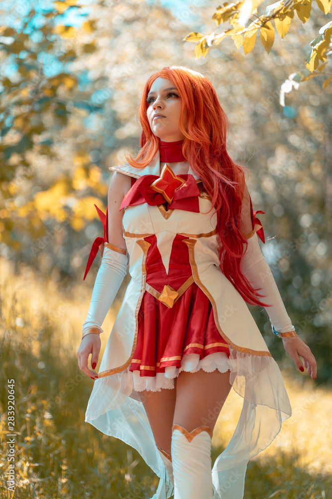 red head girl miss fortune from leaque of legends the woods. Stock-foto | Adobe Stock