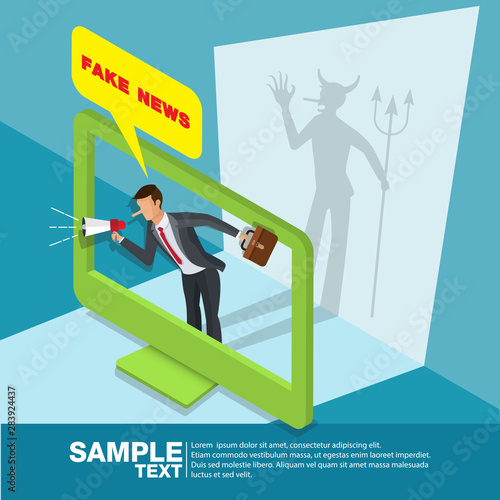 Isometric fake news, Concept businessman his shadow is devil Vector illustration. Disinformation or hoaxes spread via online social media or websites.