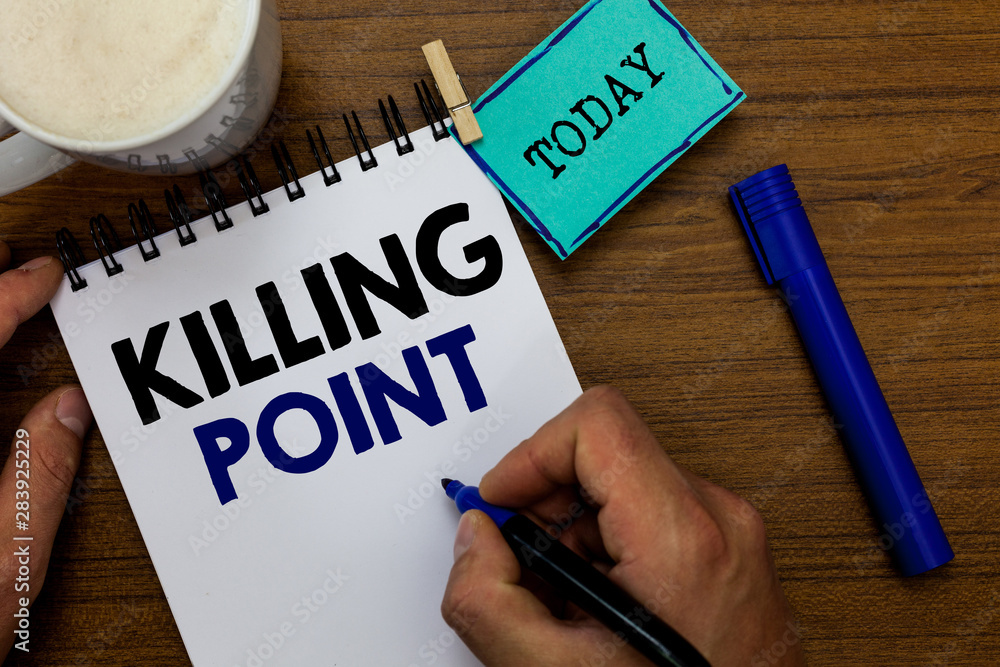Writing note showing Killing Point. Business photo showcasing Phase End Review Stage Gate Project Evaluation No Go Man holding marker notebook clothespin reminder wooden table coffee Writing note showing Killing Point. Business photo showcasing Phase End Review Stage Gate Project Evaluation No Go Man holding marker notebook clothespin reminder wooden table coffee