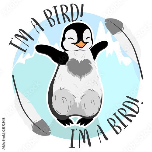 cute baby hugging penguin, cartoon drawn smile animal, on arctic background, editable vector illustration 